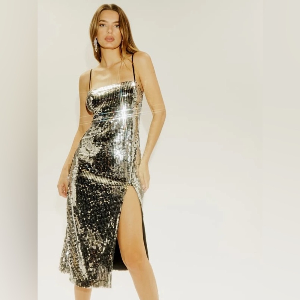 Reformation Silver Vidette Disco Dress SZ L NWOT